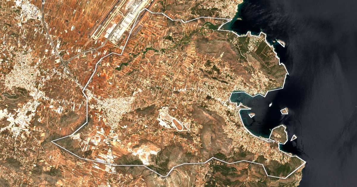 Imagine din satelit cu limita trasată: Dímos Markopoúlou Mesogaías