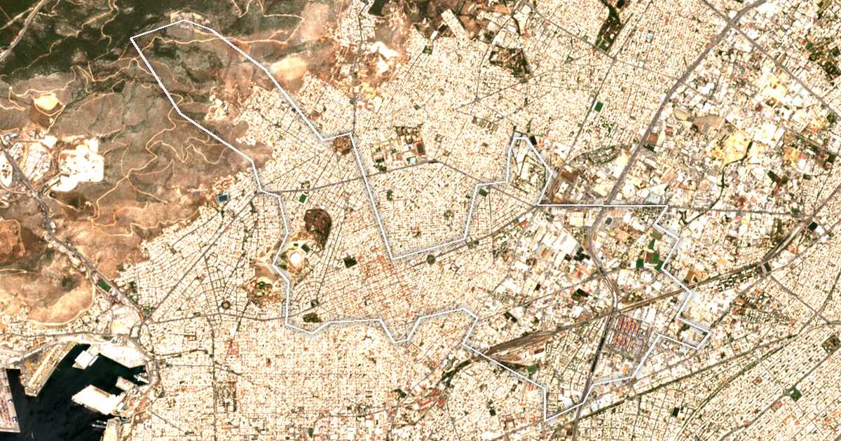 Imagine din satelit cu limita trasată: Dímos Níkaias - Agíou Ioánni Rénti