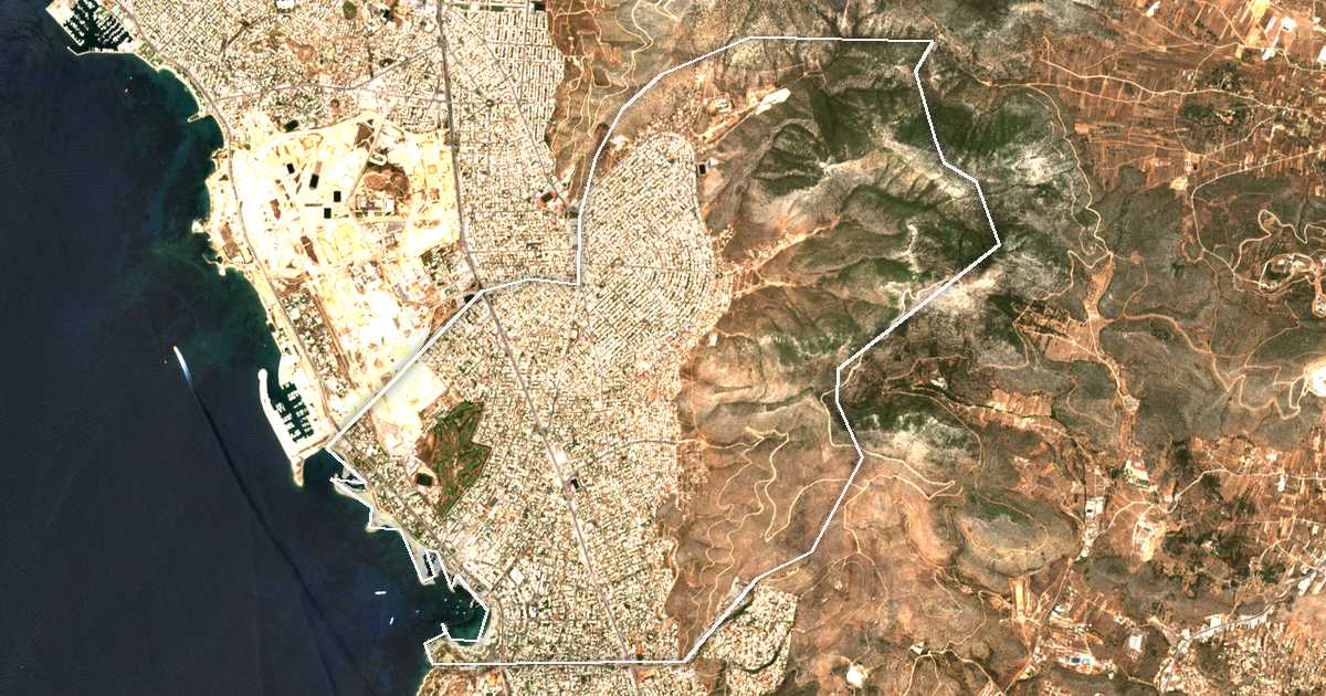 Imagine din satelit cu limita trasată: Glyfada