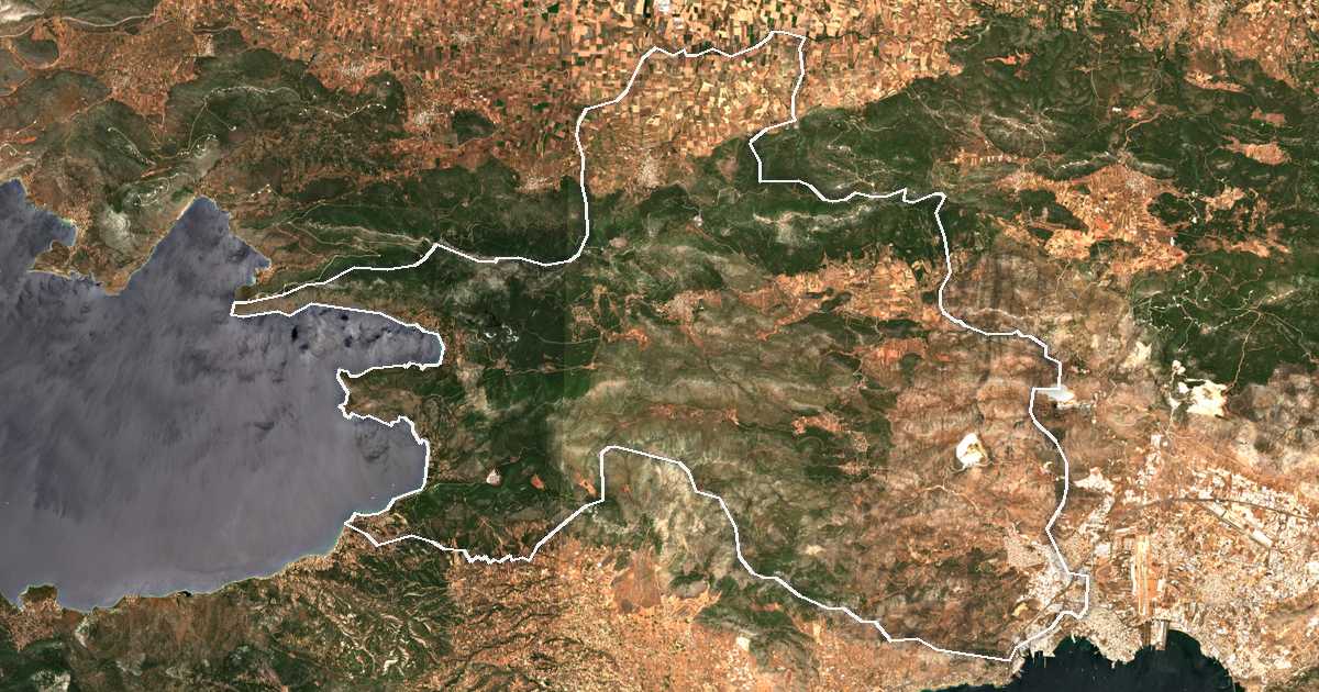 Imagine din satelit cu limita trasată: Dímos Mándras - Eidyllías