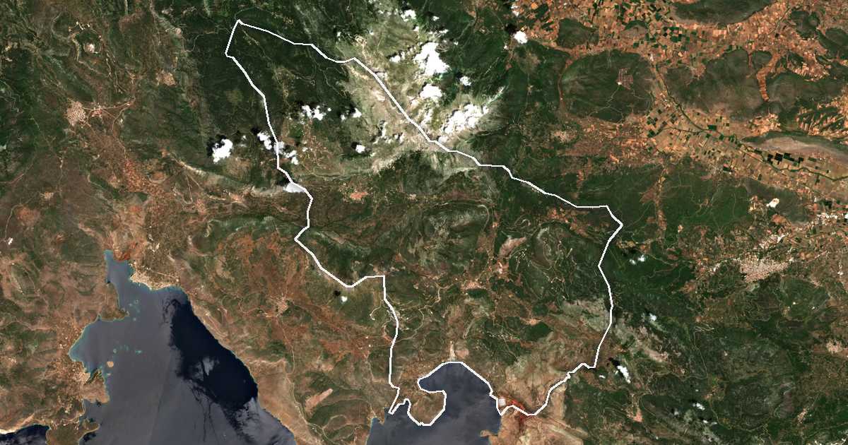 Imagine din satelit cu limita trasată: Dímos Distómou - Aráchovas - Antíkyras