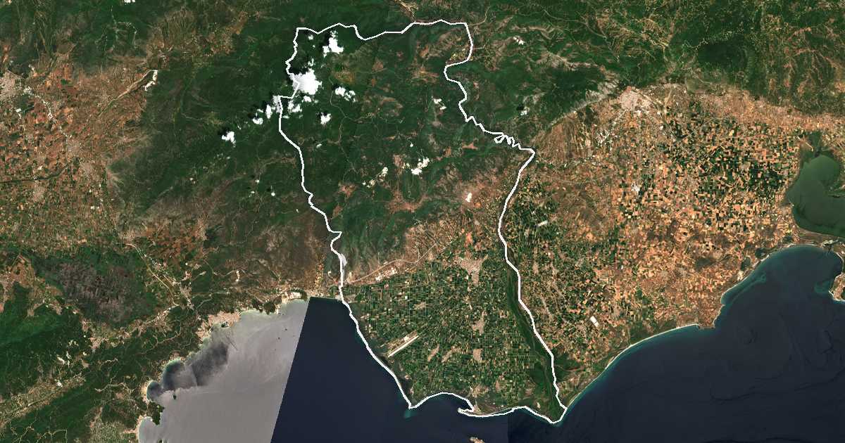 Imagine din satelit cu limita trasată: Municipalitatea Nestos